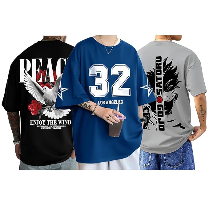 AUSK Baggy Hip-Hop T-Shirt for Men - Graphic Printed T Shirts (pack of 3) || Oversized Men Tshirt || T-Shirts